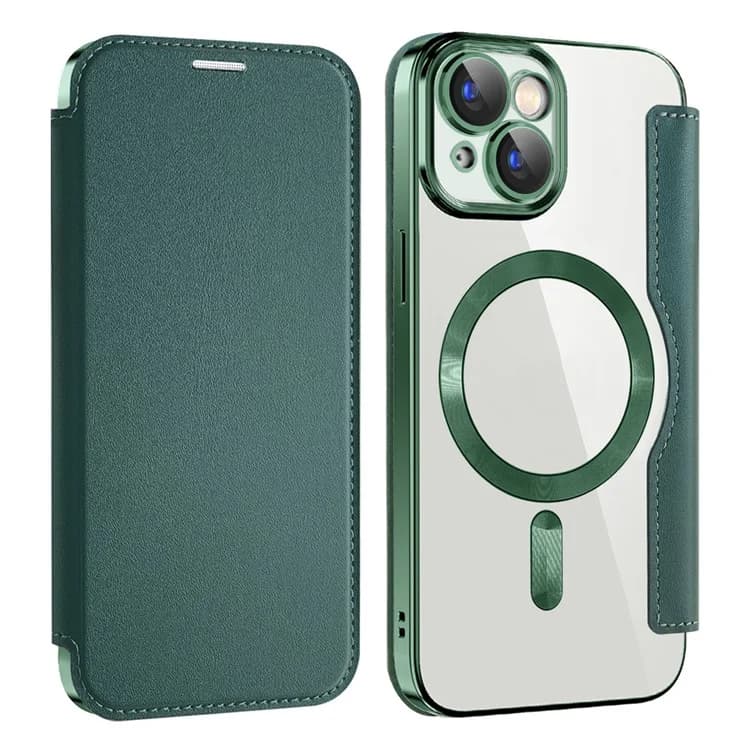 Husa MagFlip » iPhone 15, Magnet, RFID protect, Leather, Chrome Edge, Green 1