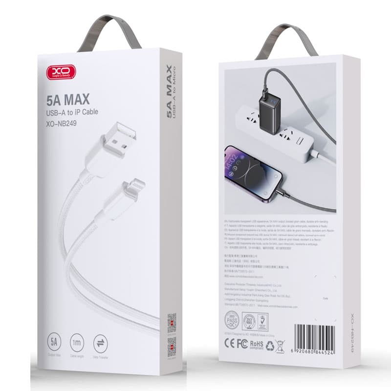 XO (NB249) - Cablu Date si Incarcare, USB-A la Lightning, 5A, Braided, 1m, White 1