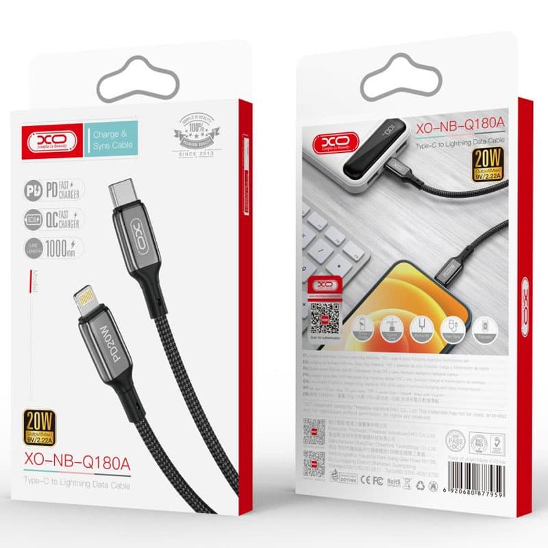 XO (NB-Q180A) - Cablu Date si Incarcare, USB-C la Lightning, PD20W, QC3.0, Metall Braided, 1m, Black 1