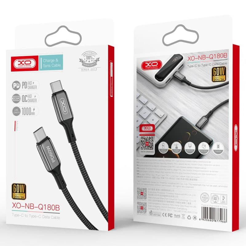 XO (NB-Q180B) - Cablu Date si Incarcare, USB-C, PD60W, QC3.0, Metall Braided, 1m, Black 1