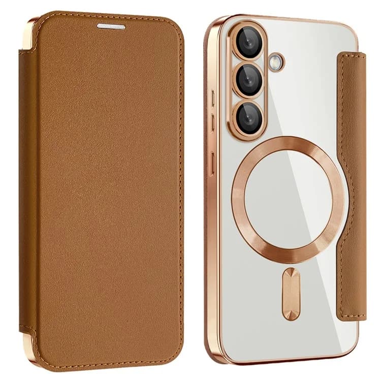 Husa MagFlip » Samsung S25, Magnet, RFID protect, Leather, Chrome Edge, Gold 1