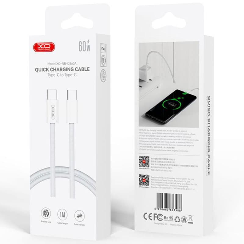 XO (NB-Q260A) - Cablu Date si Incarcare, USB-C, PD60W, QC3.0, Braided, 1m, White 1