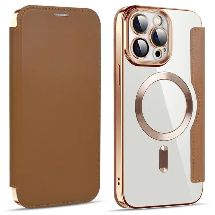 Husa MagFlip » iPhone 15 Pro Max, Magnet, RFID protect, Leather, Chrome Edge, Gold 1
