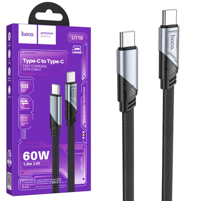 Hoco (U119) - Cablu Date si Incarcare, USB-C, PD60W, QC3.0, Flat, 1.2m, Black 1