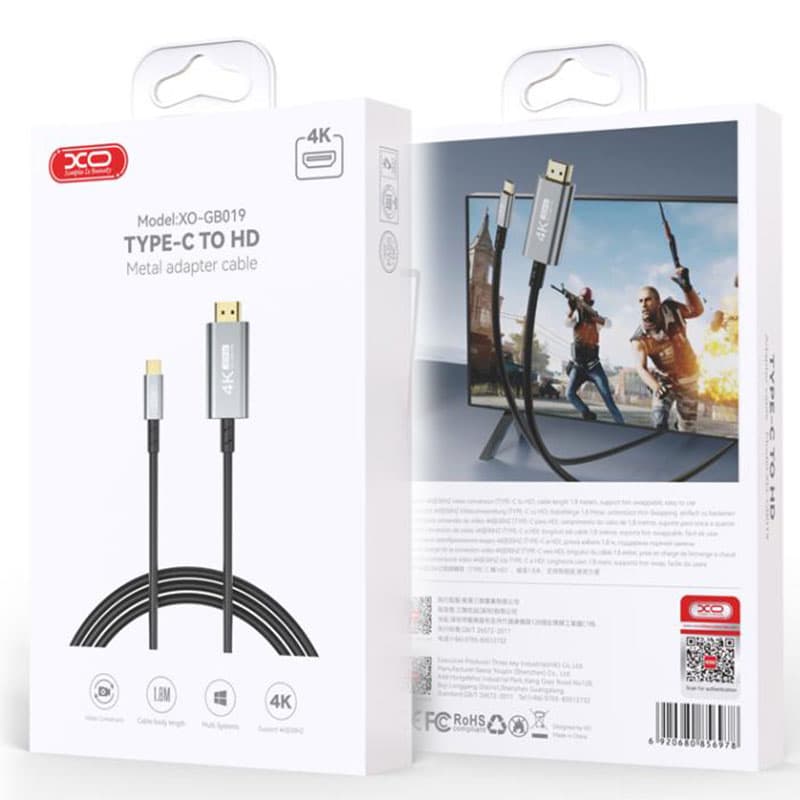 XO (GB019) - Cablu Audio si Video, USB-C la HDMI, HD 4k, 1.8m, TARNISH 1