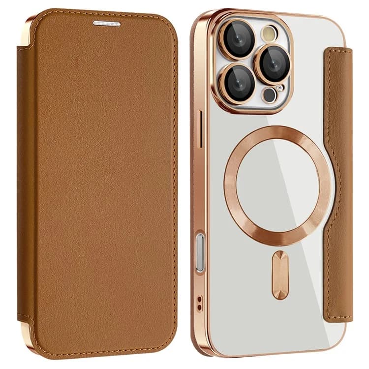 Husa MagFlip » iPhone 16 Pro, Magnet, RFID protect, Leather, Chrome Edge, Gold 1