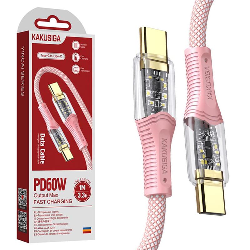 Kaku (KSC-809) - Cablu Date si Incarcare, USB-C, PD60W, QC3.0, Braided, LED Power, 1m, Pink 1
