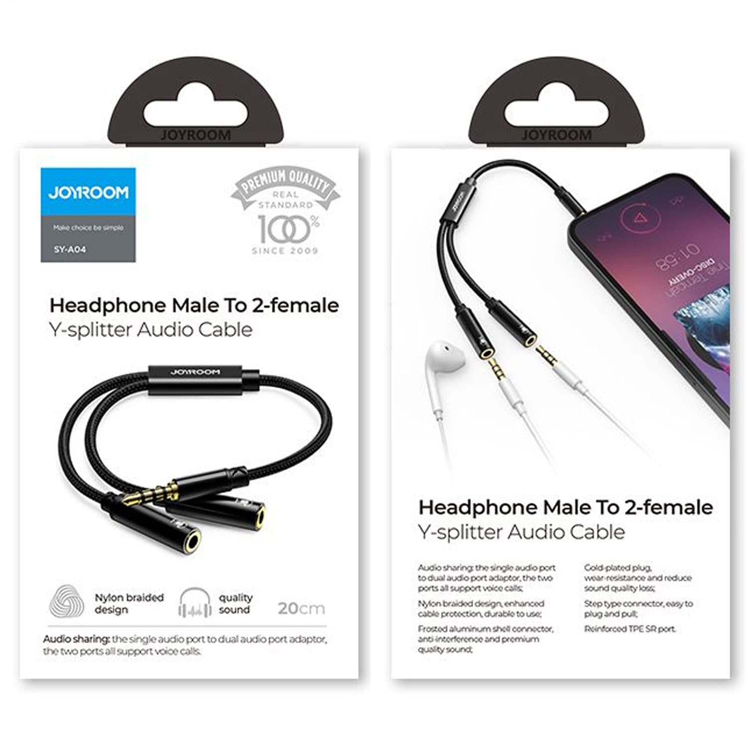 Joyroom (SY-A04) - Cablu, Audio Y Splitter, 2x Jack 3.5mm (F) - la Jack 3.5mm (M) - 20cm, Black 1