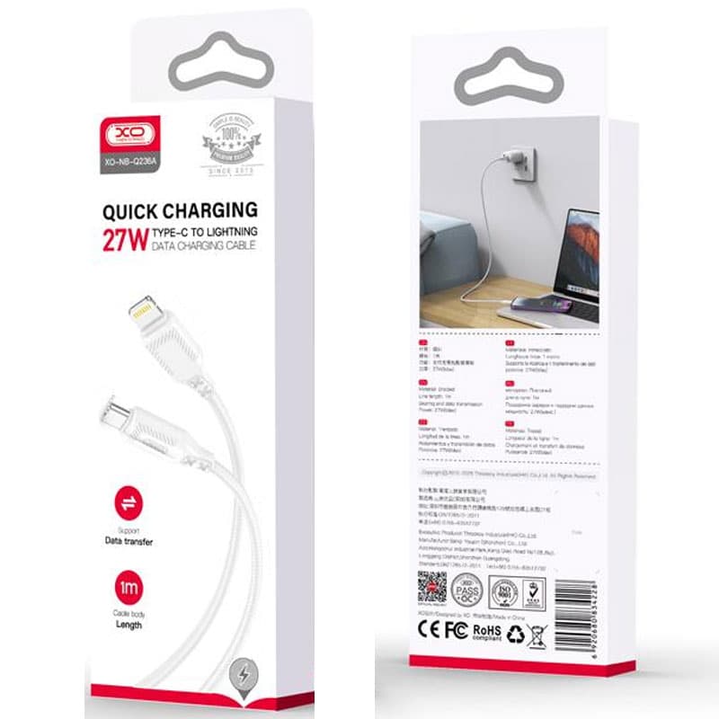 XO (NB-Q236A) - Cablu Date si Incarcare, USB-C la Lightning, PD27W, QC3.0, Braided, 1m, White 1