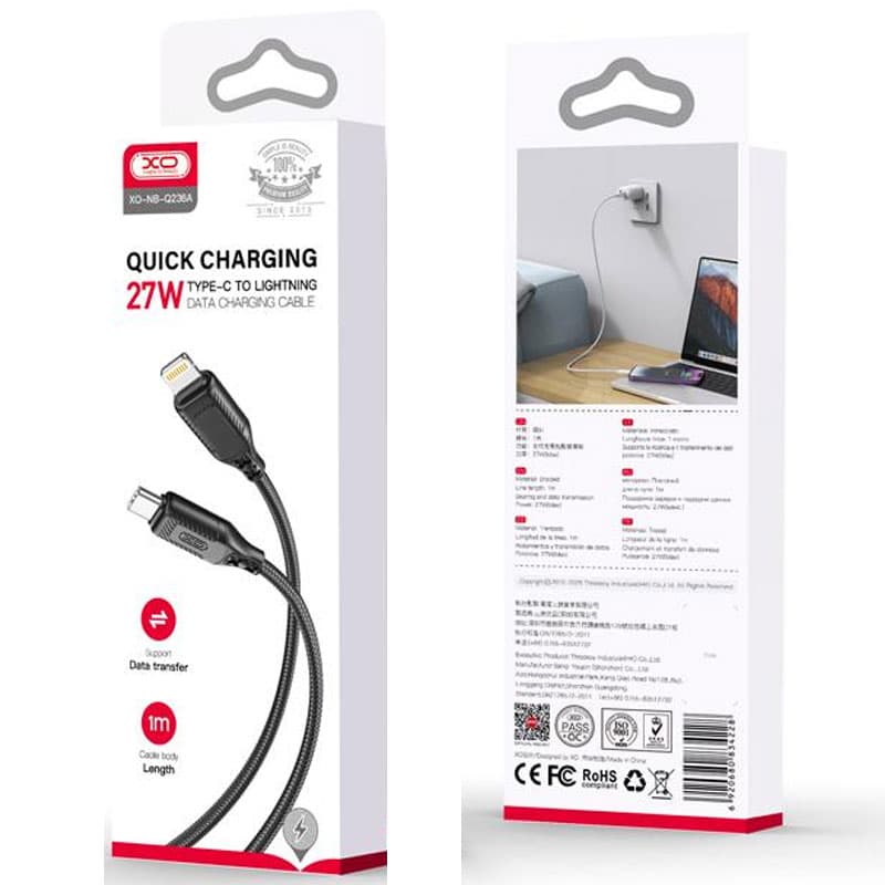 XO (NB-Q236A) - Cablu Date si Incarcare, USB-C la Lightning, PD27W, QC3.0, Braided, 1m, Black 1