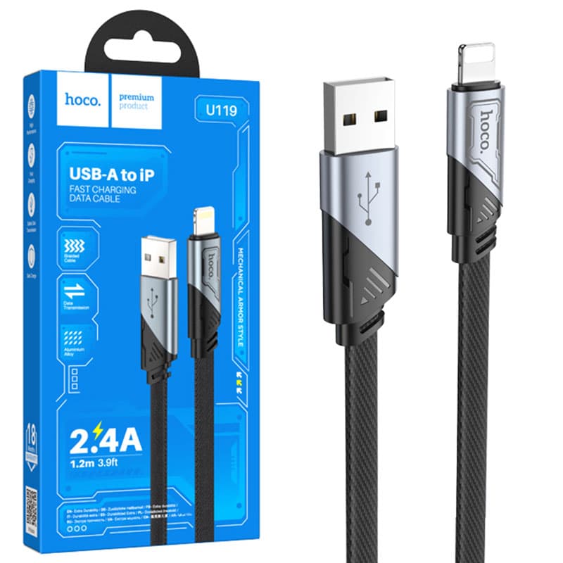 Hoco (U119) - Cablu Date si Incarcare, USB-A la Lightning, 2.4A, Flat, 1.2m, Black 1