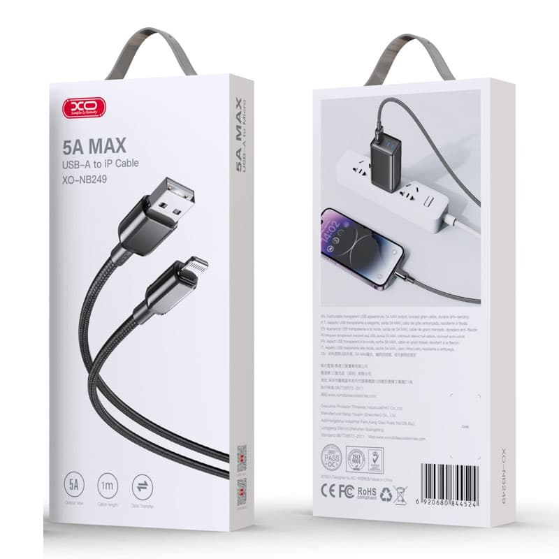 XO (NB249) - Cablu Date si Incarcare, USB-A la Lightning, 5A, Braided, 1m, Black 1