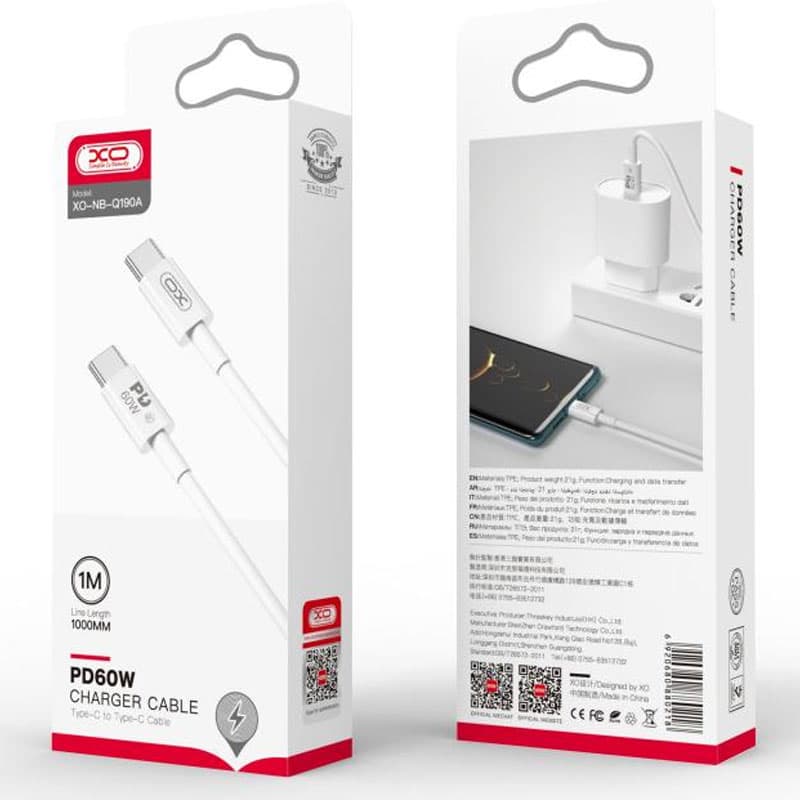 XO (NB-Q190A) - Cablu Date si Incarcare, USB-C, PD60W, QC3.0, 1m, White 1