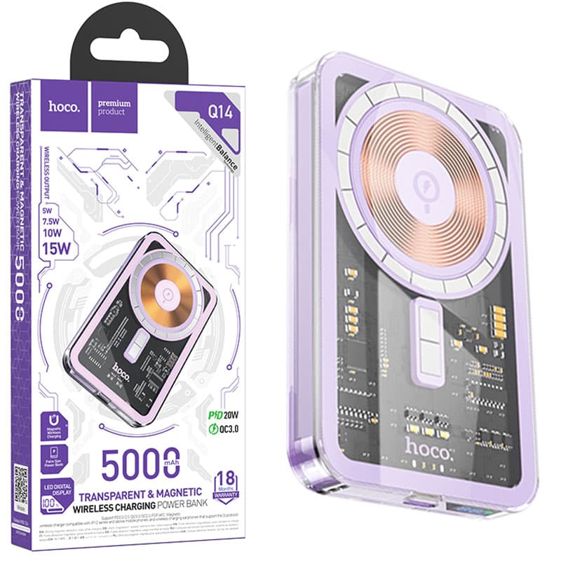 Hoco (Q14) - Baterie Externa, 1xUSB-C, Magnet, Display LED, 5000mAh, Purple 1