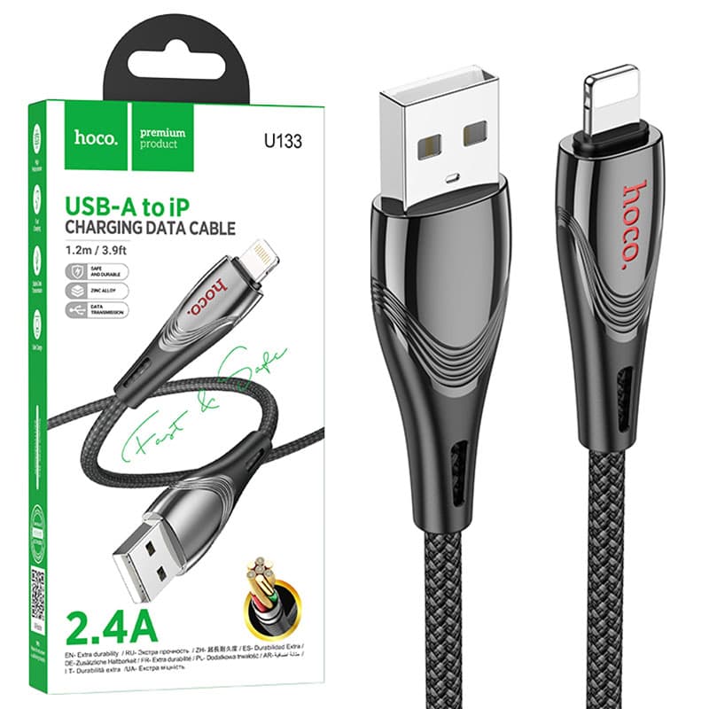 Hoco (U133) - Cablu Date si Incarcare, USB-A la Lightning, 2.4A, Braided, 1.2m, Black 1