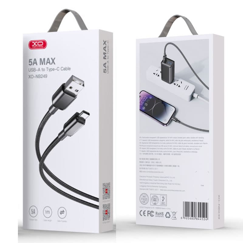 XO (NB249) - Cablu Date si Incarcare, USB-A la USB-C, 5A, Braided, 1m, Black 1
