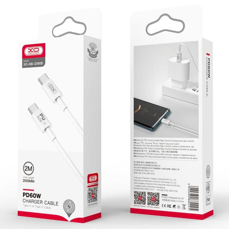 XO (NB-Q190B) - Cablu Date si Incarcare, USB-C, PD60W, QC3.0, 2m, White 1