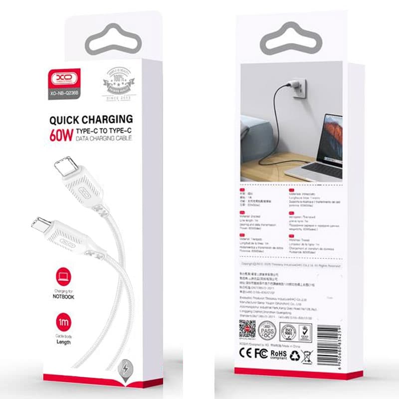 XO (NB-Q236B) - Cablu Date si Incarcare, USB-C, PD60W, QC3.0, Braided, 1m, White 1