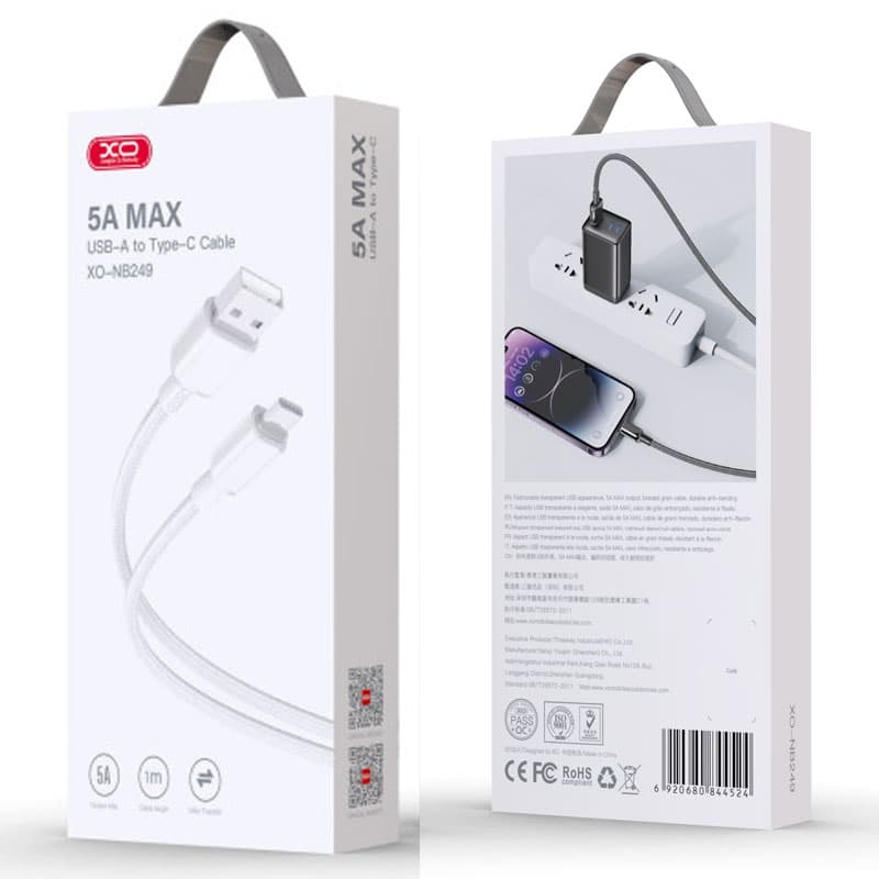 XO (NB249) - Cablu Date si Incarcare, USB-A la USB-C, 5A, Braided, 1m, White 1