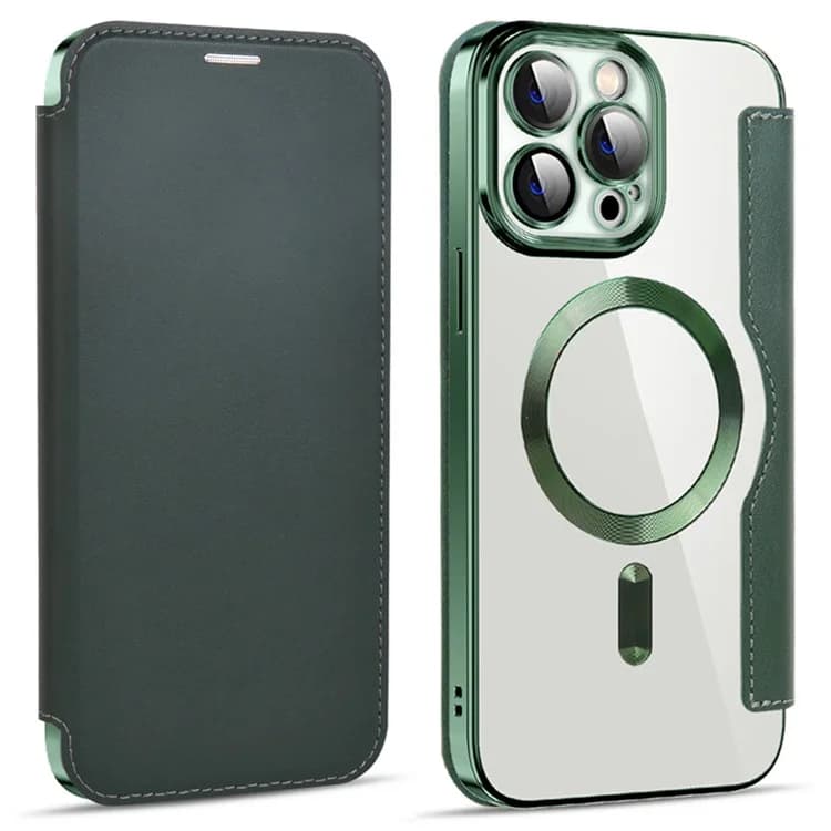 Husa MagFlip » iPhone 14 Pro Max, Magnet, RFID protect, Leather, Chrome Edge, Green 1