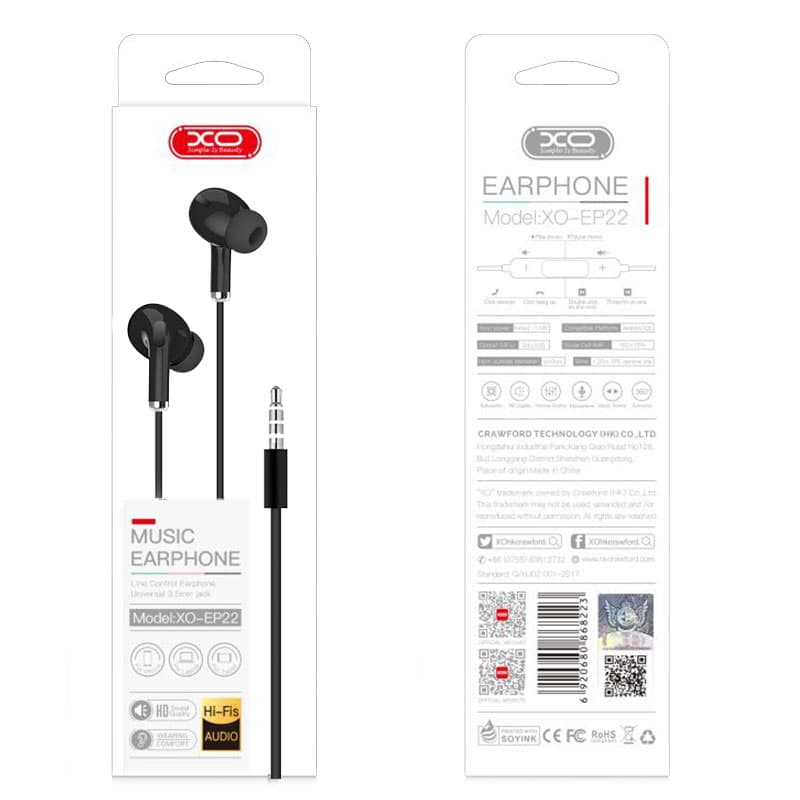 XO (EP22) - Casti cu Fir, In Ear, 3.5mm, 1.2m, Mic &amp; Volume Key, HiFi, Black 1