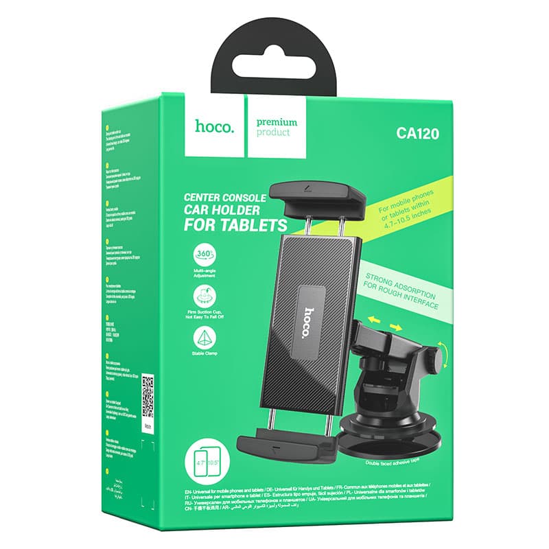 Hoco (CA120) - Suport Auto, cu cleme laterale, montaj Bord, tableta/telefon, 360°, Black