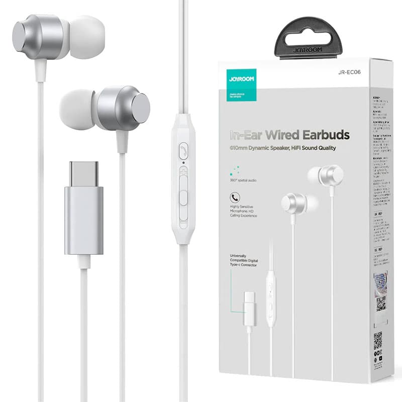 Joyroom (JR-EC06) - Casti cu Fir, In Ear, USB-C, 1.2m, Mic &amp; Volume Key, HiFi, Silver 1