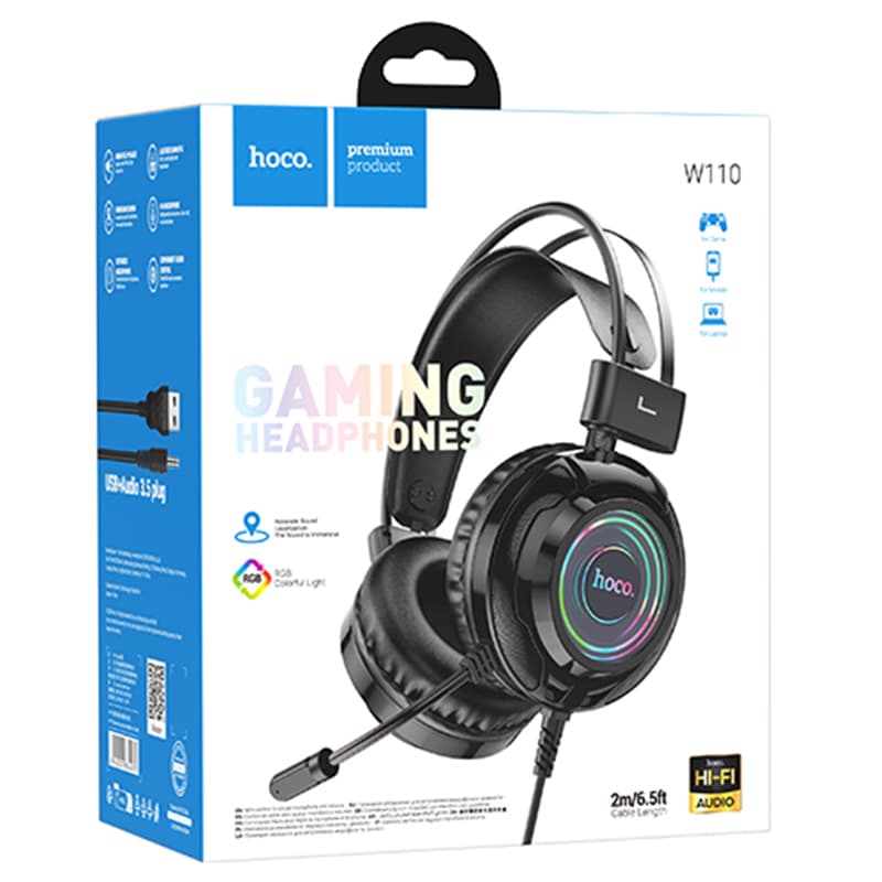 Hoco (W110) - Casti cu Fir, Over Ear, 3.5mm, 2m cablu, Gaming, Light Ambient, Black 1