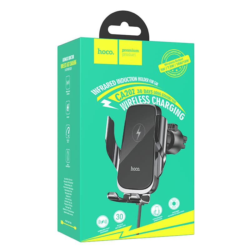Hoco (CA202) - Suport Auto cu incarcare Wireless, Ventilatie, senzor InfraRed, AutoGravity, Black