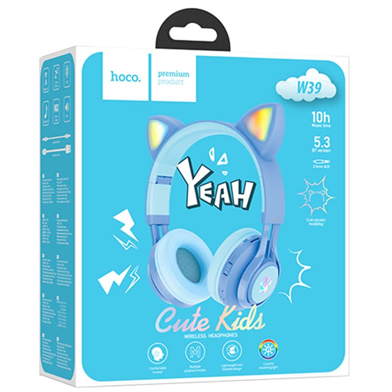 Hoco (W39) - Casti Wireless, KIDS, Over Ear, BT 5.3, Stand-By 120h, 400mAh, Cat Ears, Blue 1