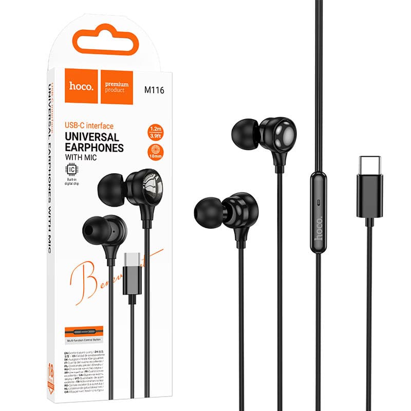 Hoco (M116) - Casti cu Fir, InEar, USB-C, 1.2m cablu, Black 1