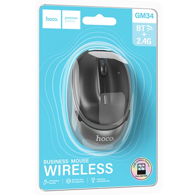 Hoco (GM34) - Mouse Dual, BT 5.0/ Wireless 2.4G, 1.600 DPI, 4D Button, Nuevo, Black/Grey