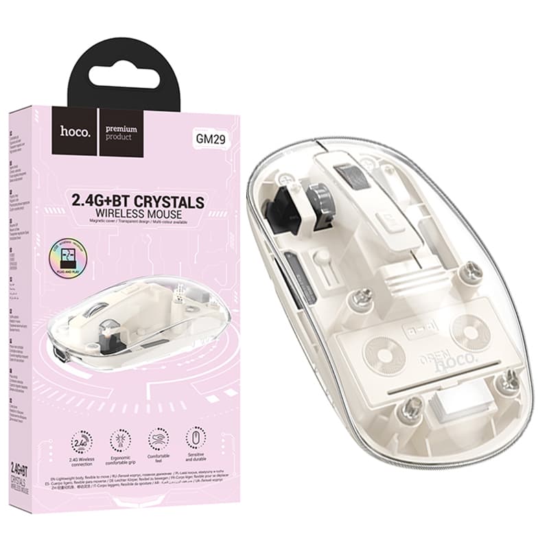 Hoco (GM29) - Mouse pentru PC/Laptop, Dual Mode BT / Wireless, Clear/White