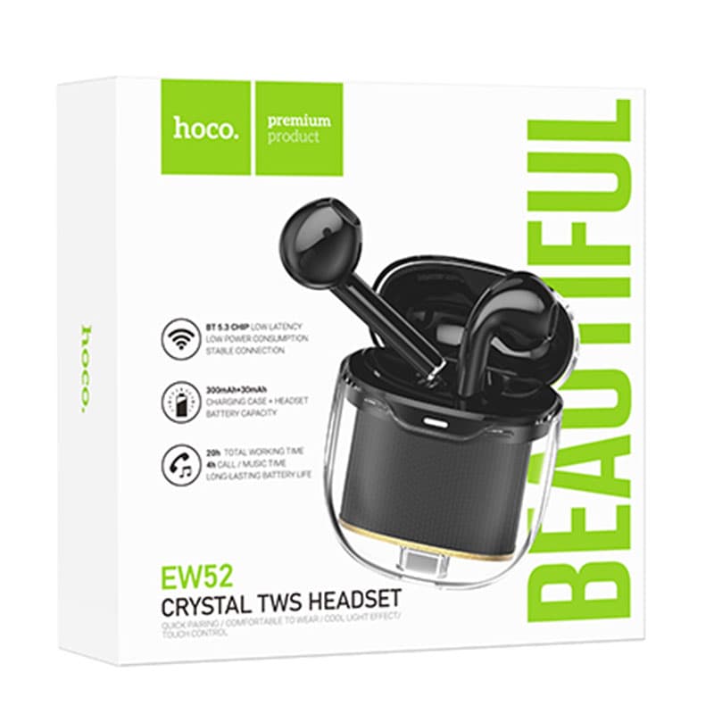 Hoco (EW52) - Casti Wireless, Ear Buds, BT 5.3, 180h StandBy, 300mAh, Crystal, Black 1