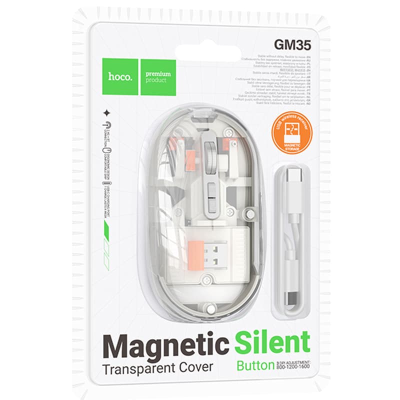 Hoco (GM35) - Mouse Dual, BT 5.0/ Wireless 2.4G, 1.600 DPI, 5 Buttons, Clear/White
