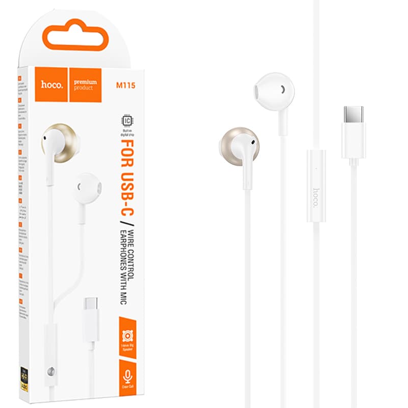 Hoco (M115) - Casti cu Fir, In Ear, USB-C, 1.2m cablu, White 1