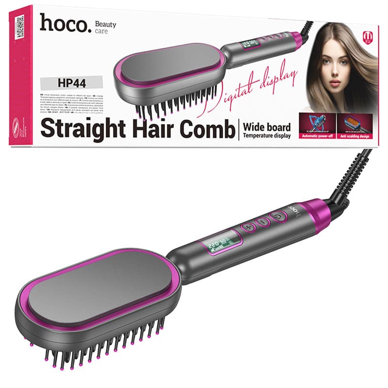 Hoco (HP44) - Perie electrică de îndreptat părul, temperatură reglabilă, afișaj digital, Rose Red