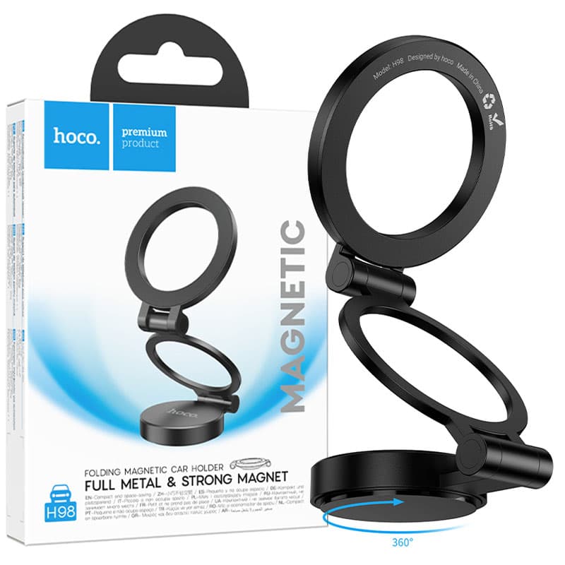 Hoco (H98) - Suport auto magnetic, Suction, pliabil cu inel, montaj Bord/Parbriz, Black 1