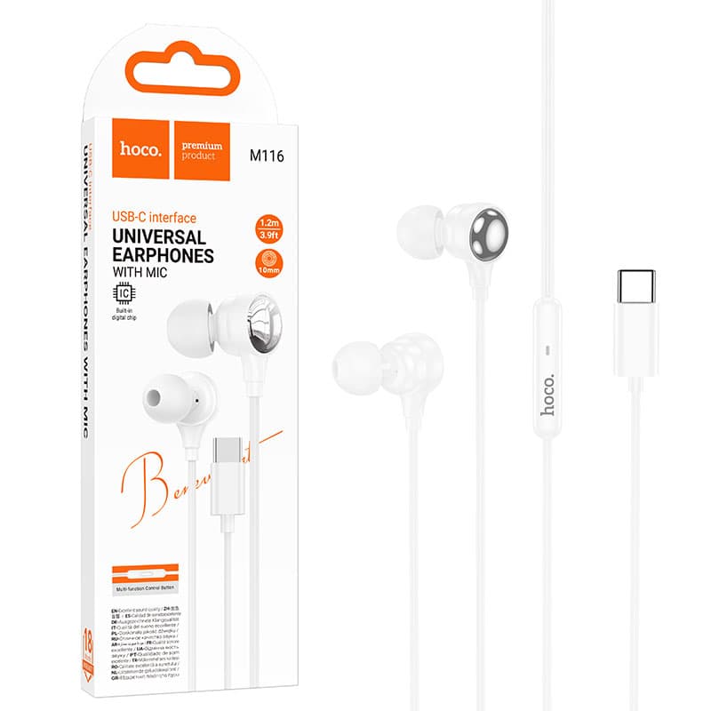 Hoco (M116) - Casti cu Fir, InEar, USB-C, 1.2m cablu, White 1