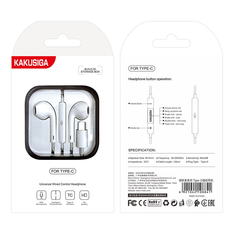 Kaku (KSC-144) - Casti cu Fir, In Ear, USB-C, 1.2m, Mic &amp; Volume Key, HiFI, White 1