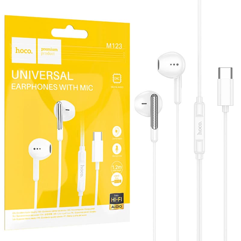 Hoco (M123) - Casti cu Fir, In Ear, USB-C, 1.2m, Mic &amp; Volume Key, HiFi, White 1