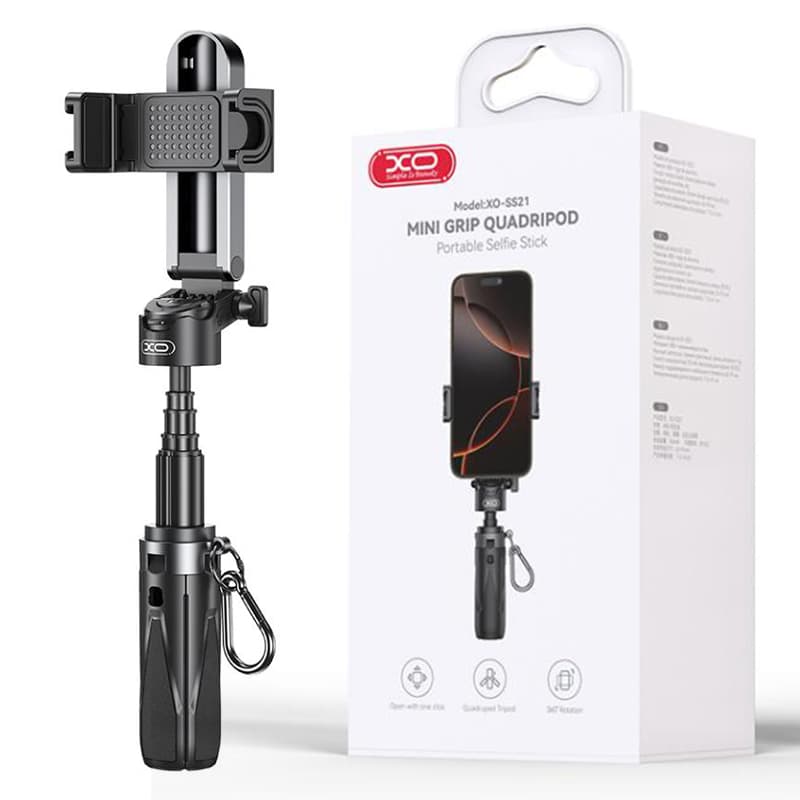 XO (SS21) - Suport Stand, tiPhone Selfie, 3in1 MultiFunction, brat telescopic, TriPhoneods, AI camera, Black 1