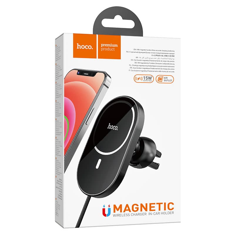Hoco (CA90) - Suport Auto cu incarcare Wireless, MagSafe, Ventilatie, cablu USB-C, 1m, Black