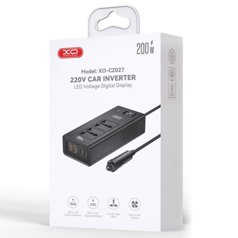 XO (CZ027) » Invertor Auto, output 2xUBS-C, 2xUSB-A, 2xPriza 220V, Power LED, Black 1