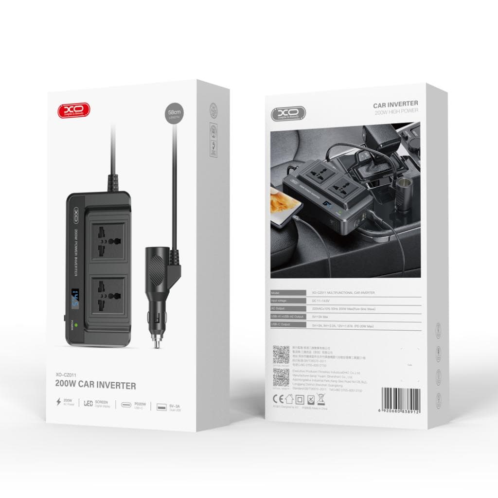 XO(CZ011) - Invertor auto, 200W, RMS, iesire 220V, 1xUSB-C, 2xUSB-A, indicator LED, Black 1
