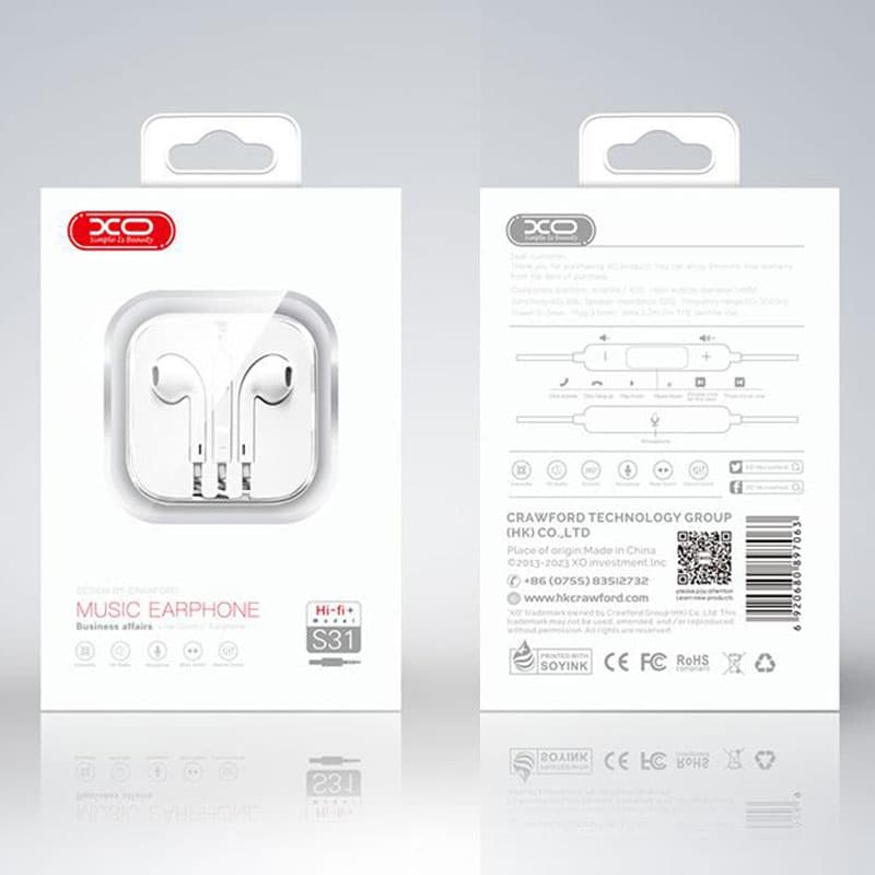 XO (S31) - Casti cu Fir, In Ear, 3.5mm, 1.2m, Mic &amp; Volume Key, HiFi, White 1