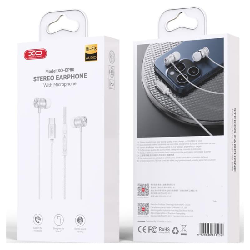 XO (EP80) - Casti cu Fir, In Ear, USB-C, 1.2m cablu, Digital, White 1