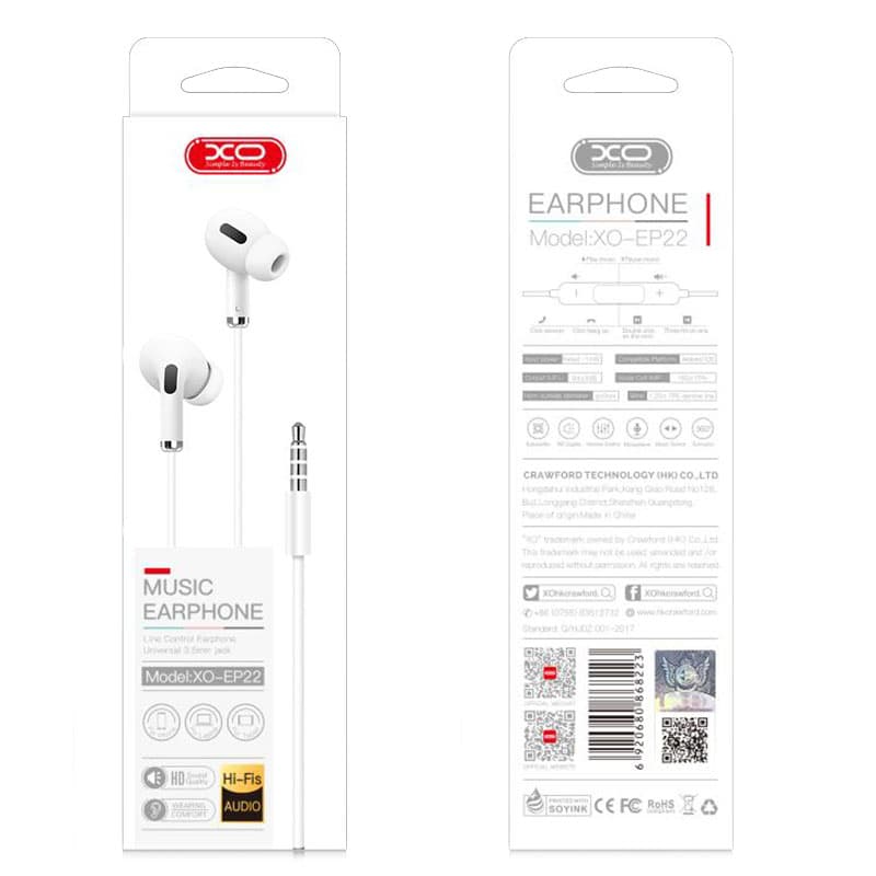 XO (EP22) - Casti cu Fir, In Ear, 3.5mm, 1.2m, Mic &amp; Volume Key, HiFi, White 1