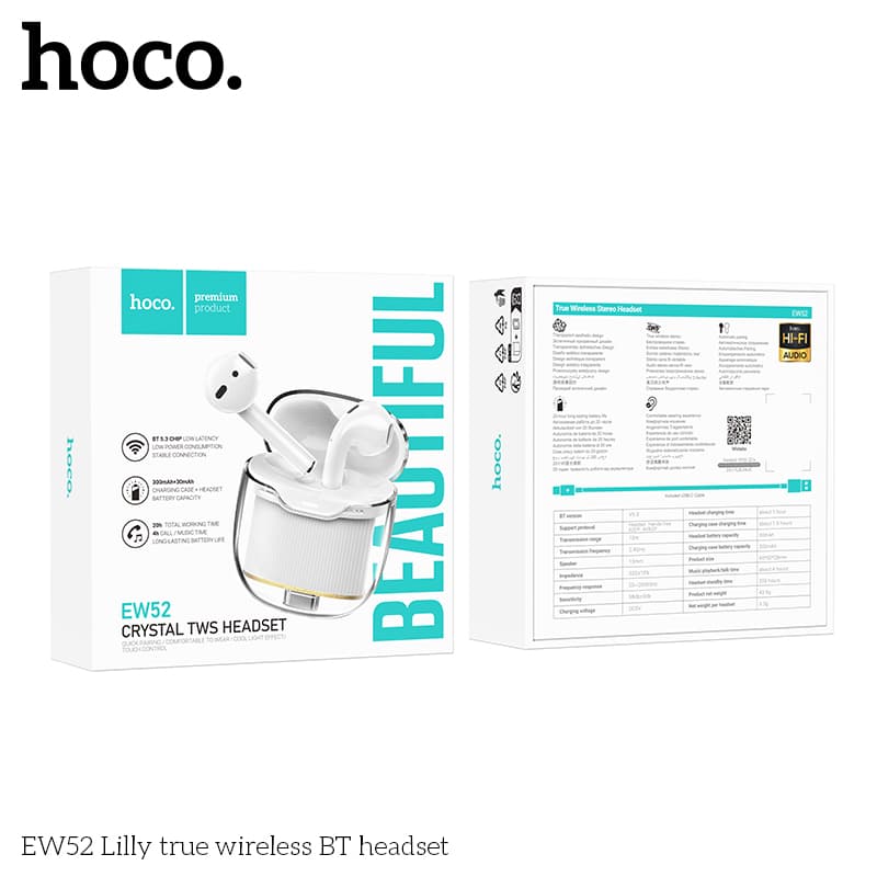 Hoco (EW52) - Casti Wireless, Ear Buds, BT 5.3, 180h StandBy, 300mAh, Crystal, White 1