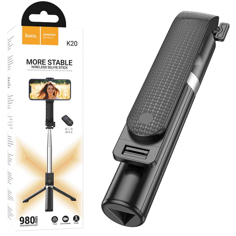 Hoco (K20) - Suport Stand, tiPhone Selfie, 2 in 1, Mini Telescopic, Inox, cu telecomanda BT, Black 1